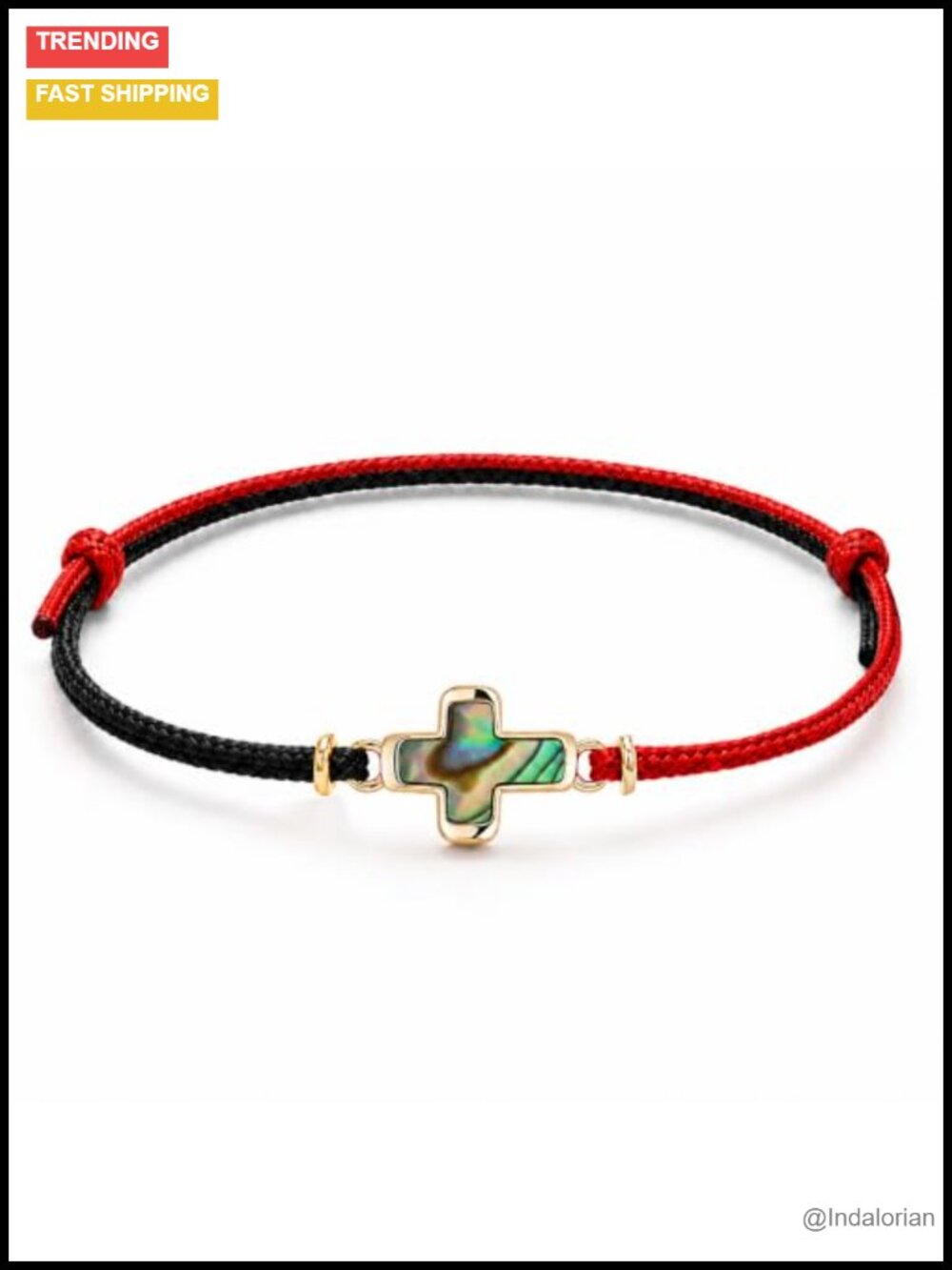 14K Gold Plated Cross Bracelet, Natural Abalone Shell, Handwoven Adjustable Red